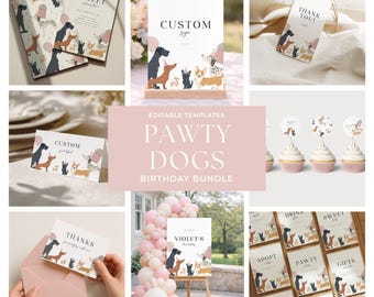 Dog Birthday Party Bundle Editable | Puppy Party Decorations Set | Pawty Dogs Kids Birthday Printable Bundle