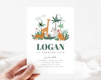 May include: A white invitation card with a jungle-themed illustration featuring a giraffe, zebra, lion, and other animals. The text reads "LOGAN IS TURNING FIVE" in green. Additional details include the date, time, and location of the event.