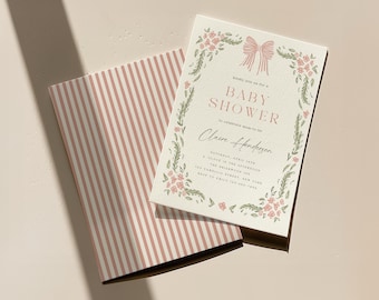 Sjabloon babyshower-uitnodiging met bloemenstrik | Bewerkbare babyshoweruitnodiging voor meisjes | Direct downloaden