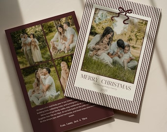 May include: Two rectangular Christmas cards featuring family photographs. The top card has a brown striped border, a bow graphic, and text reading MERRY CHRISTMAS, The Montgomery Family, 2025. The bottom card displays multiple photos and text.