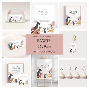 Pawty Dog Birthday Party Bundle Girl | Editable Pink Puppy Party Pack | Pink Dog Theme Birthday Party Templates | Instant Download