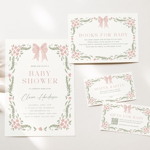 May include: Baby shower invitation suite with a floral design. The invitation and accompanying cards feature a pink bow and floral border. The invitation includes the text "Baby Shower" and event details. The suite includes cards for books, diaper raffle, and gifts.