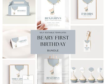 Beary First Birthday Party Bundle: Editable Printable Templates (Instant Download)