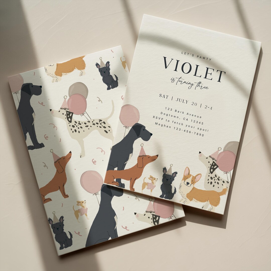 Dog Birthday Invitation Girl | Puppy Party Invite | Pawty Dogs Birthday ...