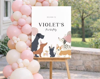 May include: A sign on an easel with the text "WELCOME TO VIOLET'S third birthday" and illustrations of dogs. A balloon arch in shades of pink and white is on the left. The background includes a house and trees.