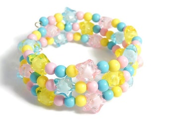 Pastel Star Bracelet, Adjustable Coil Bracelet, Pink Blue Yellow