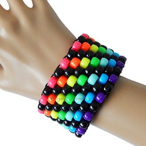 Rainbow, Black Kandi Cuff, Neon Bracelet, Raver Plur,  Diagonal Pattern