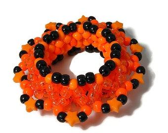 3D Orange Kandi Cuff, Stars, Neon Disc Bracelet, Rave Plur Kandi