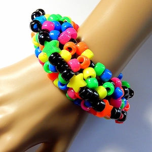Black Rainbow Kandi Cuff, Stars, Neon 3D Disc Bracelet, Rave Plur image 2