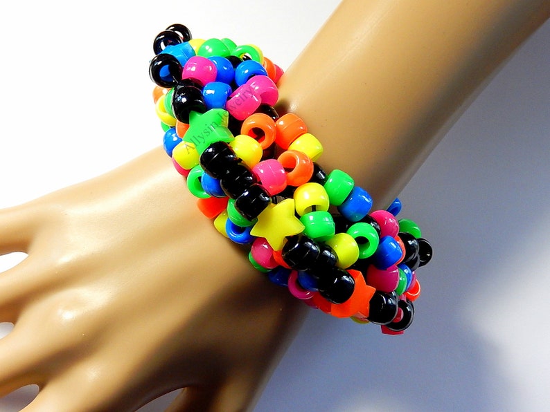 Black Rainbow Kandi Cuff, Stars, Neon 3D Disc Bracelet, Rave Plur image 2