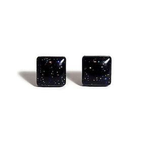 Black Stud Earrings, Square Studs, Resin Glitter Posts
