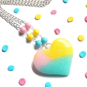 Pastel Heart Necklace, Pink Yellow Blue Fairy Kei Jewelry