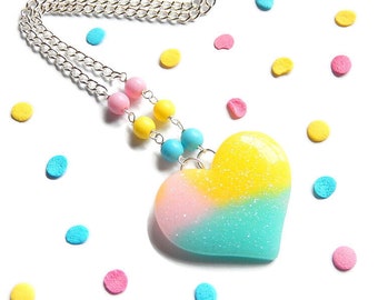 Pastel Heart Necklace, Pink Yellow Blue Fairy Kei Jewelry