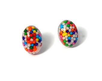 Oval Sprinkles Stud Earrings, Rainbow Posts, Kawaii Candy Jewelry
