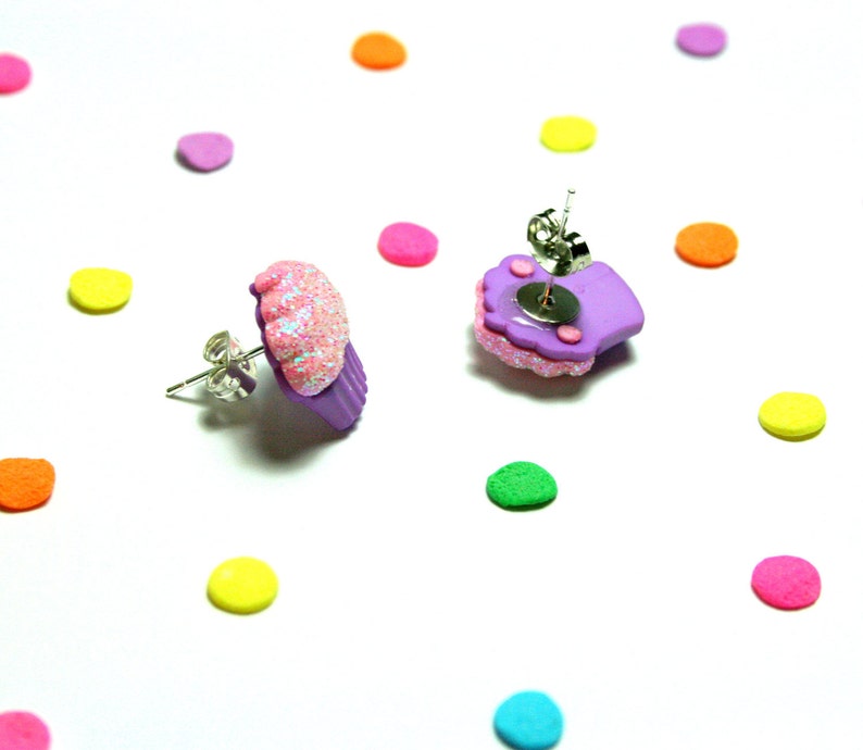 Food Jewelry Glitter Frosting Stud Earrings Purple Cupcake Earrings Kawaii Kitsch Studs