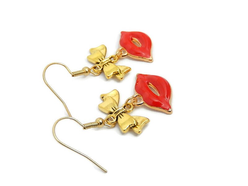 Red Lips Earrings Gold Bow Dangles Statement Jewelry Etsy