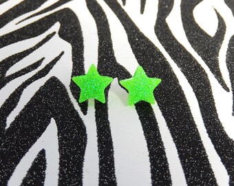 Neon Green Star Earrings, Lime Glitter Studs, Minimalist, Kitsch Kawaii