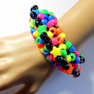 Black Rainbow Kandi Cuff, Stars, Neon 3D Disc Bracelet, Rave Plur image 4