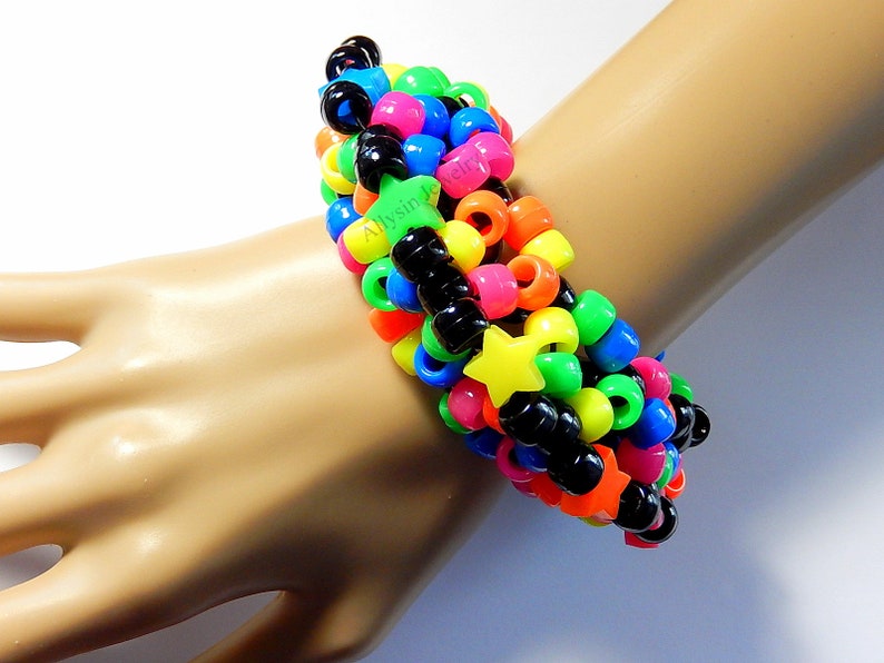 Black Rainbow Kandi Cuff, Stars, Neon 3D Disc Bracelet, Rave Plur image 4