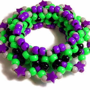 Green Purple 3D Kandi Cuff, Stars, UFO Disc Style, Neon Bracelet, Rave Plur Kandi