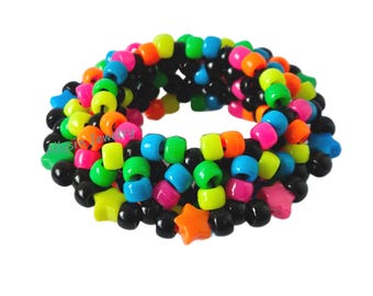 Czarny tęczowy mankiet Kandi, gwiazdy, neonowa bransoletka 3D Disc, Rave Plur