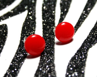Red Stud Earrings, Resin Posts, Round Bright Red Dots