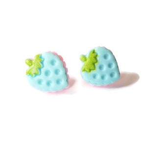 Blue Strawberry Earrings, Pastel Studs, Berry Kawaii Earrings, Miniature Food, Fruit Jewelry