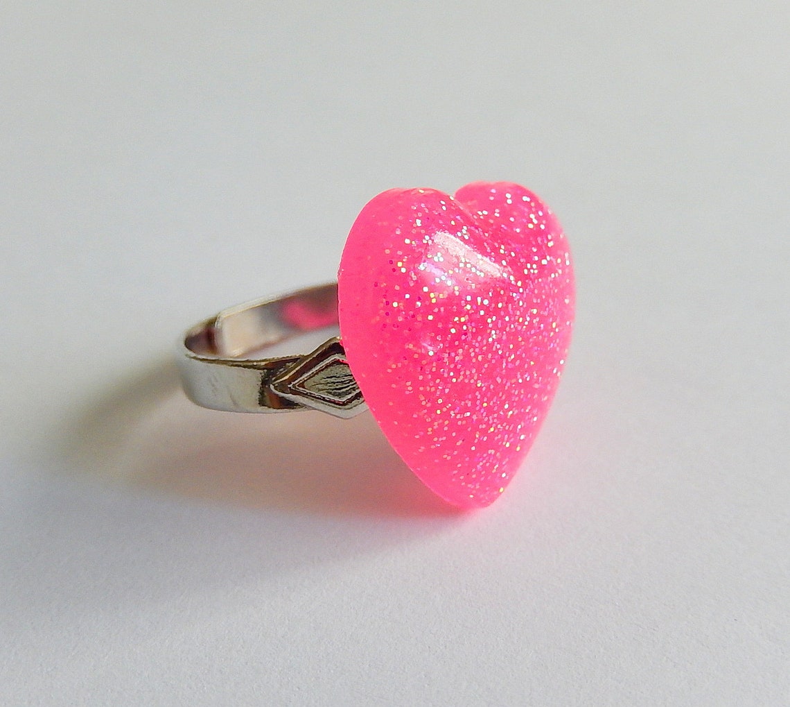 Pink Glitter Heart Ring Resin Jewelry Etsy