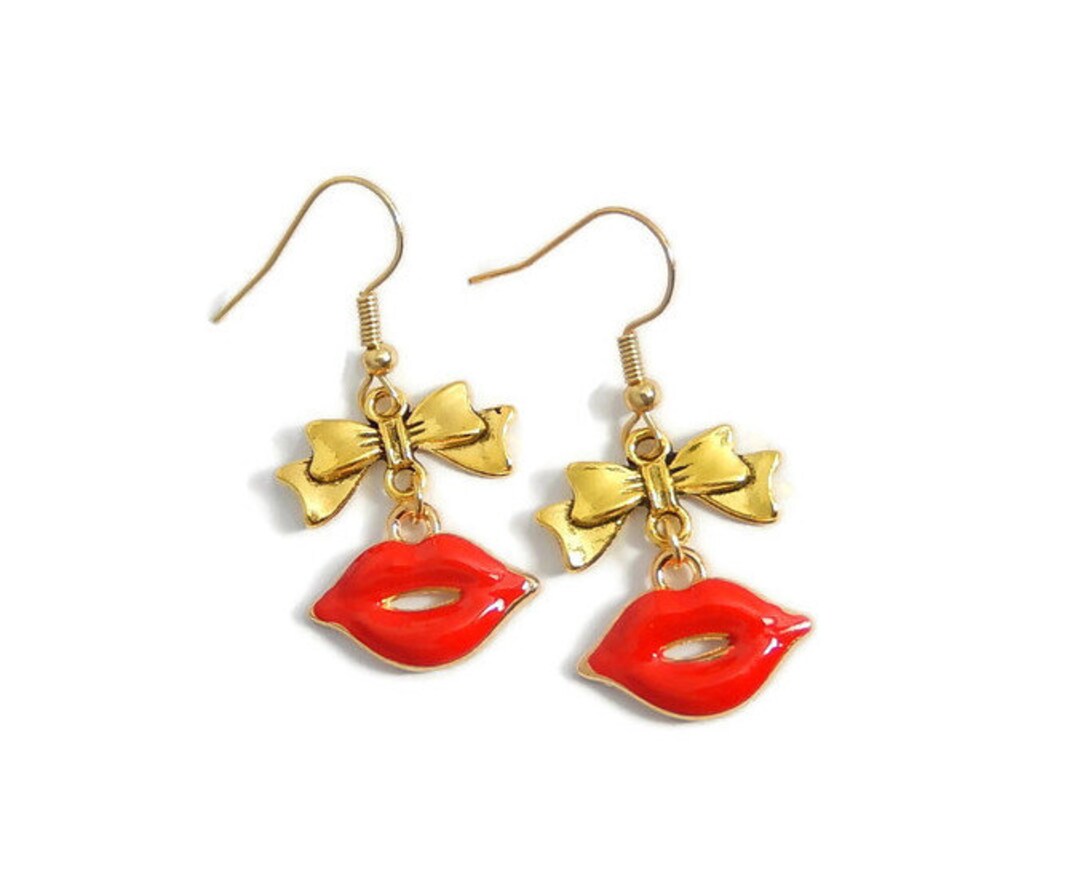 Red Lips Earrings, Gold Bow Dangles, Statement Jewelry Etsy