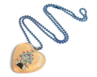 Glitter Heart Necklace, Pastel Castle Necklace, Whimsical Fairy Kei Jewelry