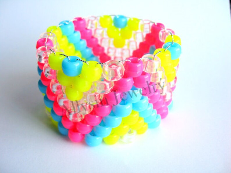 Bracelet neon Kandi Cuff, ZigZag Raver Plur, Hot Pink, Neon Yellow, Baby Blue Zig Zags image 3