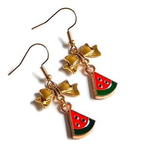 Watermelon Earrings, Gold Bow Dangles