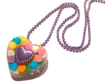 Candy Heart Necklace, Lilac Sprinkles Pendant, Sweet Lolita Pastel Jewelry
