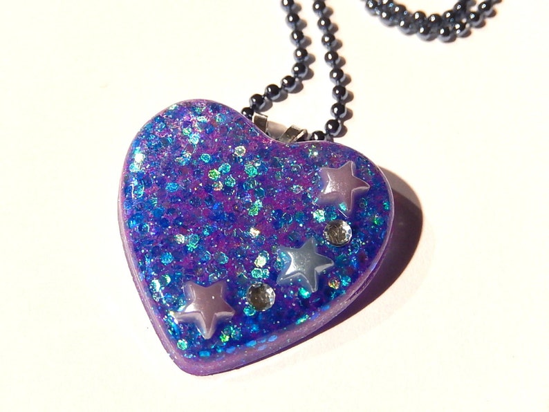 Iridescent Heart Necklace Pastel Goth Glitter Resin Bluish Etsy