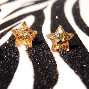 Gold Glitter Star Earrings, Gold Studs, Celestial Resin Jewelry
