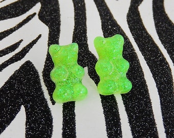 Green Gummy Bear Earrings, Glitter Resin Studs, Candy Posts, Kawaii Mini Food Jewelry