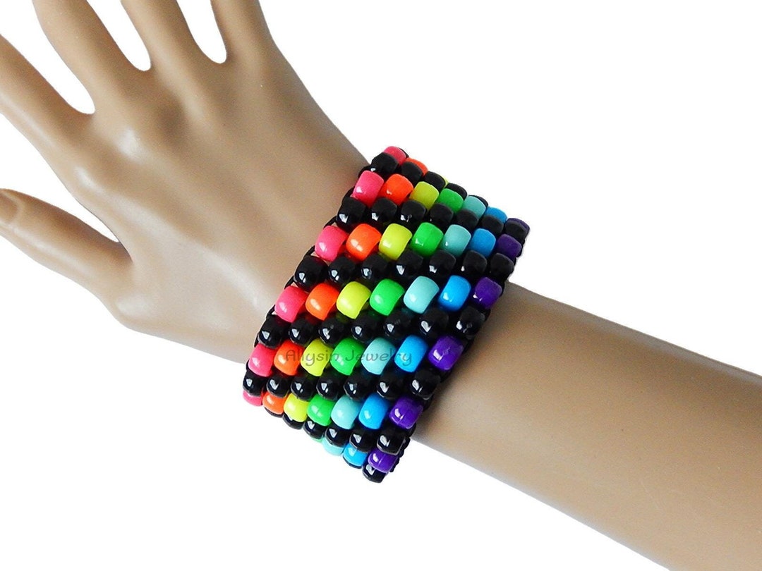Buy Rainbow, Black Kandi Cuff, Neon Bracelet, Raver Plur, Diagonal Pattern  Online in India