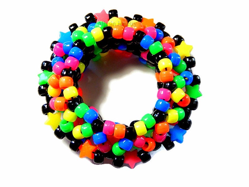 Black Rainbow Kandi Cuff, Stars, Neon 3D Disc Bracelet, Rave Plur image 5