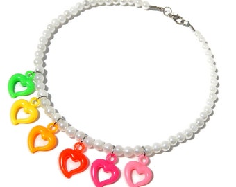 Rainbow Heart Choker, Pearl Necklace, Kidcore Kandi Rave Jewelry