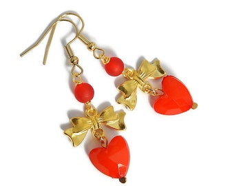 Red Heart Earrings, Gold Bow Dangles, Statement Jewelry