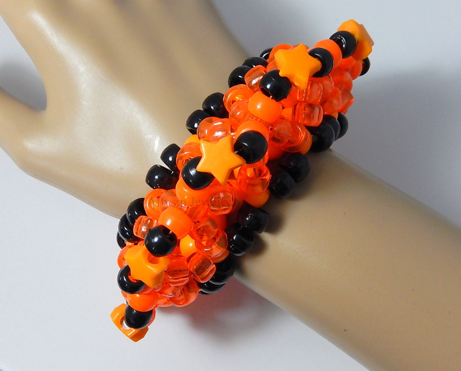 3D Orange Kandi Cuff, Stars, Neon Disc Bracelet, Rave Plur