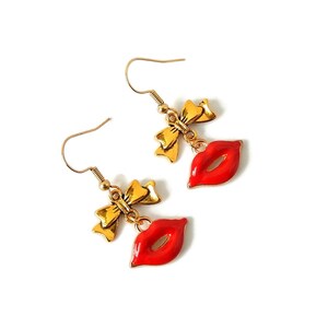 Red Lips Earrings, Gold Bow Dangles, Statement Jewelry