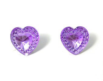 Violet Jewel Heart Earrings, Purple Heart Studs, Lilac Crystal Studs