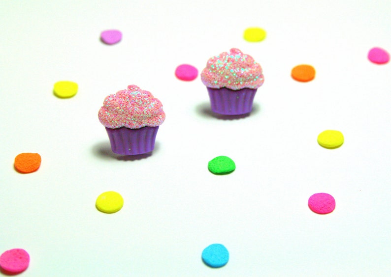 Food Jewelry Glitter Frosting Stud Earrings Purple Cupcake Earrings Kawaii Kitsch Studs