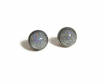 Silver Stud Earrings, Small Round Resin Studs, Glitter Jewelry