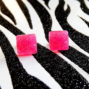 Hot Pink Square Stud Earrings, Neon Earrings, UV Reactive Rave Jewelry