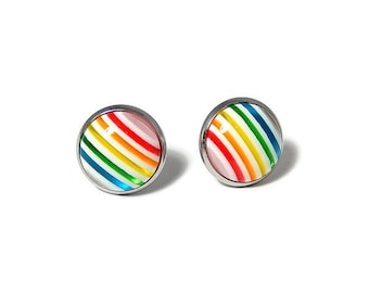 Striped Rainbow Stud Earrings 14mm,  Colorful Studs