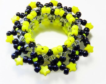 3D UFO Kandi, Neon Yellow Kandi Cuff, Star Disc Bracelet, Rave Plur