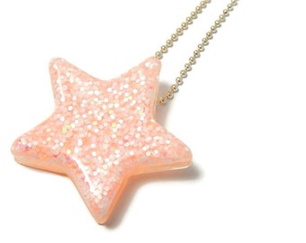 Light Pink Star Necklace, Large Glitter Star Jewelry