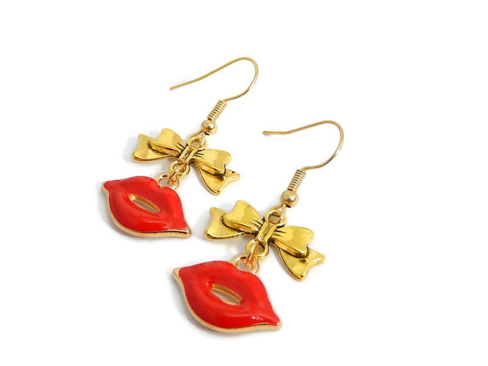 Red Lips Earrings Gold Bow Dangles Statement Jewelry Etsy
